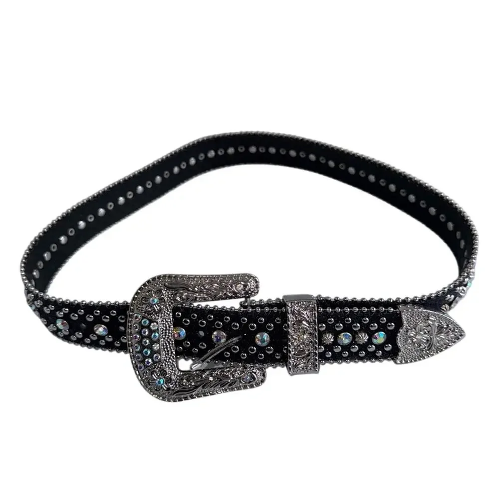 VINTAGE Y2K Black Rhinestone Western Cowgirl Rodeo Belt with Silver Buckle 36 in